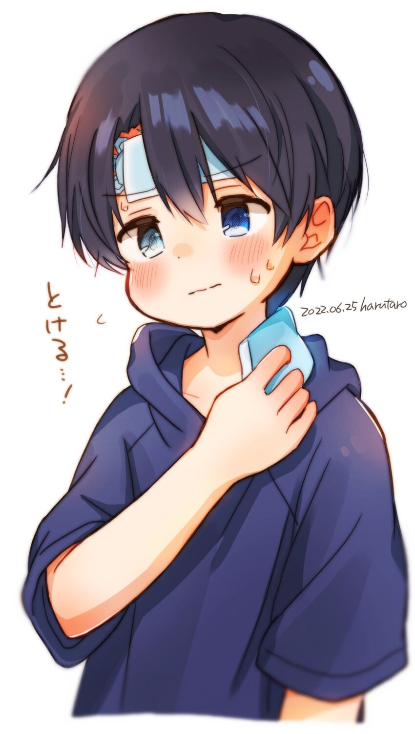 1boy :| arm_up black_hair blue_eyes blue_hoodie child closed_mouth commentary_request cropped_torso curtained_hair dot_nose far_tarooo fever heterochromia highres hiro_(far_tarooo) hood hood_down hoodie ice_pack male_focus original sweat translation_request upper_body white_background