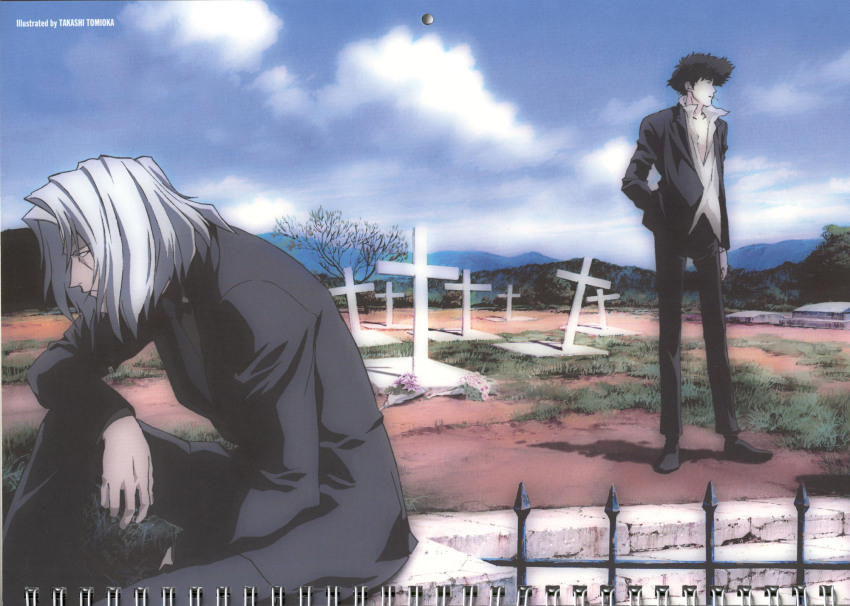 2boys blue_sky cloud cloudy_sky cowboy_bebop cross grave highres kawamoto_toshihiro multiple_boys official_art scan shadow shirt sky spike_spiegel standing vicious_(cowboy_bebop) white_shirt