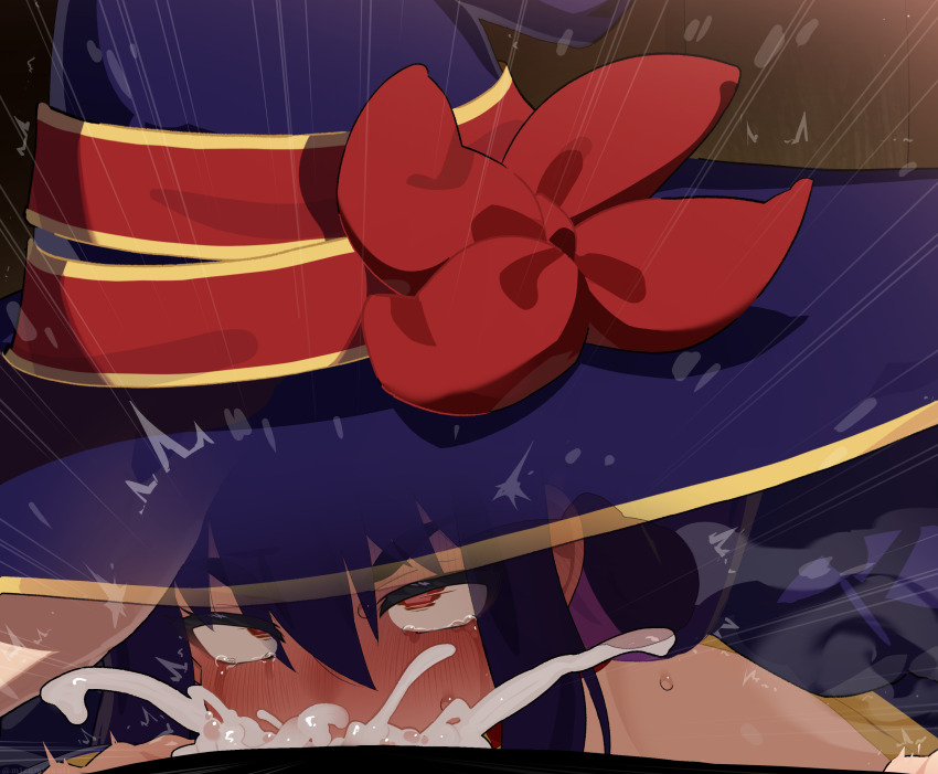 1boy 1girl absurdres blue_hat blush commentary_request cum cum_in_mouth cum_overflow deepthroat fellatio hat hetero highres idola_avorn long_hair mizumizuni oral penis red_eyes sentai_red_ga_isekai_de_boukensha_ni_naru solo_focus sweat tears witch_hat