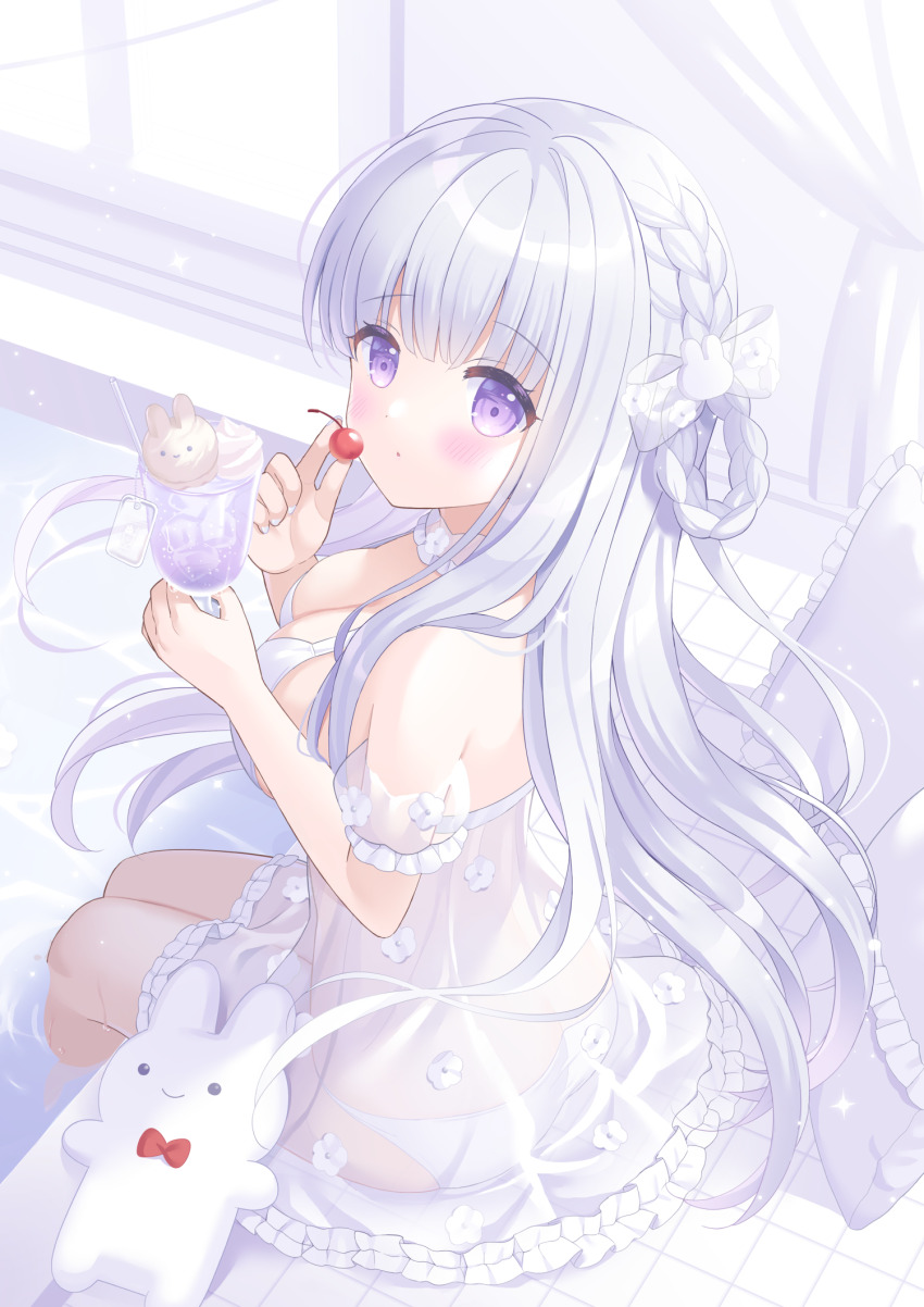 1girl bikini blush braid breasts cherry choker cleavage cup dot_nose food frilled_choker frilled_pillow frills fruit hands_up highres holding holding_cup hoshimame_mana ice_cream ice_cream_float long_hair looking_at_viewer looking_back neck original pillow pool poolside purple_eyes see-through_clothes side_braid sitting stuffed_animal stuffed_rabbit stuffed_toy swimsuit white_bikini white_hair