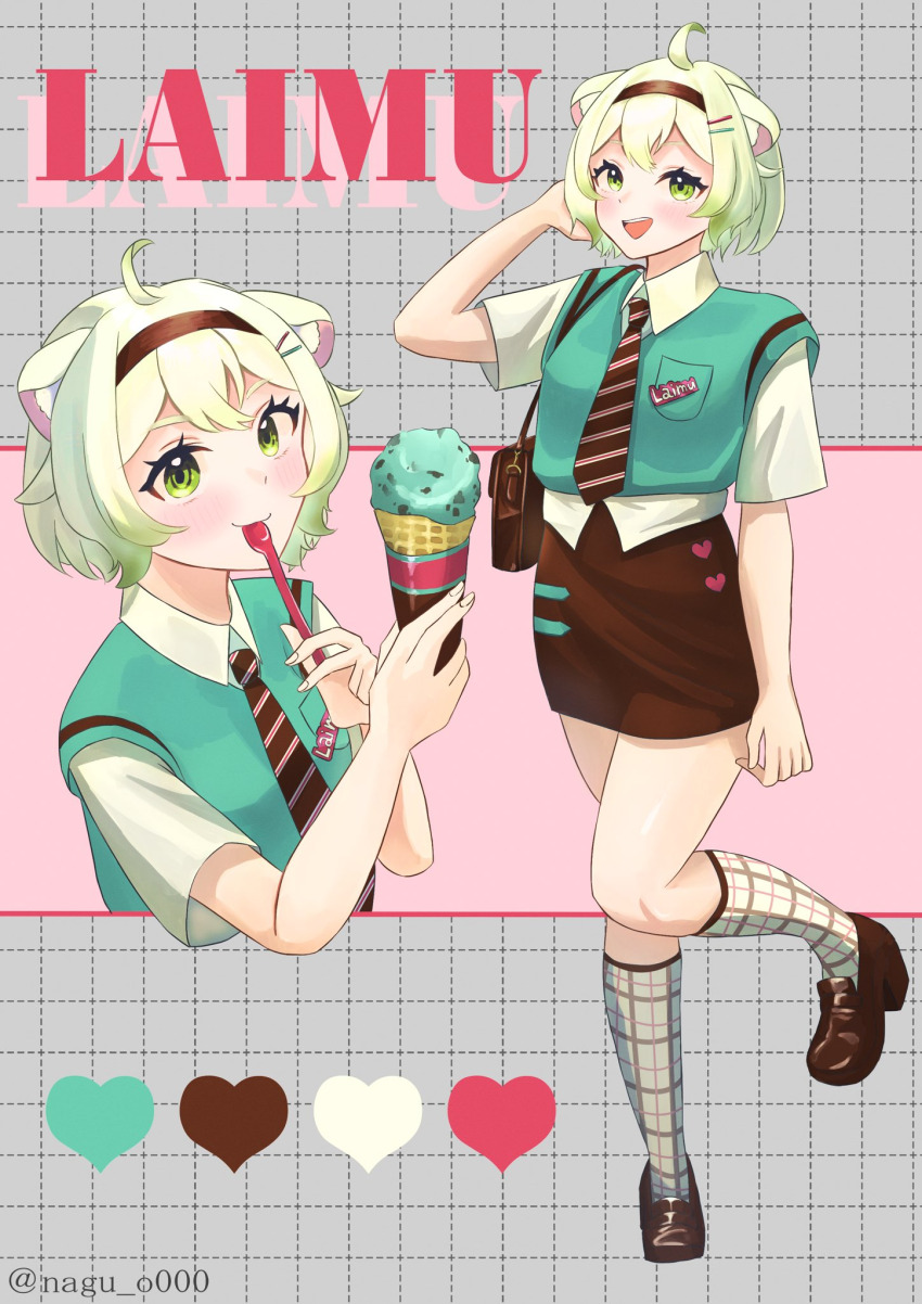 1girl ahoge alternate_costume animal_ears blue_vest bob_cut english_text ferret ferret_ears ferret_girl food full_body gradient_hair green_hair hairband highres holding holding_ice_cream_cone holding_spoon ice_cream ice_cream_cone indie_virtual_youtuber kneehighs laimu_(vtuber) mint mint_chocolate multicolored_hair multiple_views nagu_o000 name_tag necktie pencil_skirt plaid_clothes plaid_socks short_hair skirt socks spoon two-tone_hair vest vinesauce virtual_youtuber white_hair