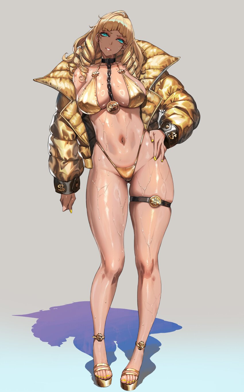1girl absurdres anklet belt_collar between_breasts bikini black_choker blonde_hair blue_eyes breasts chain chain_leash choker cleavage coat collar dark-skinned_female dark_skin dollar_sign drill_hair gluteal_fold gold_bikini gold_coat grey_background gyaru hand_on_own_hip high_heel_sandals highleg highleg_bikini highres jeffr jewelry large_breasts leash lips long_hair mole mole_under_eye navel open_clothes open_coat original puffy_coat sandals shadow skindentation solo standing sweat swimsuit thigh_gap thigh_strap wet yellow_nails