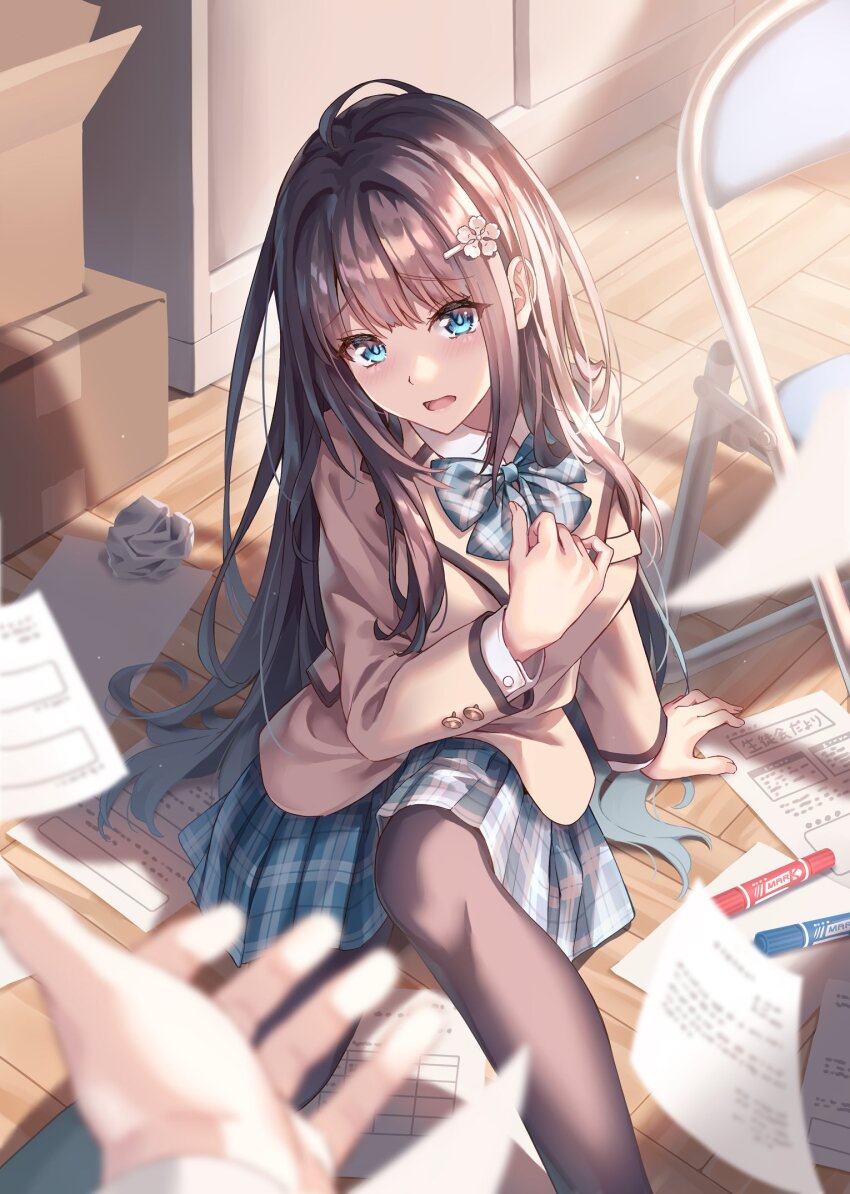 1girl 1other aqua_eyes arm_support black_hair black_pantyhose blue_skirt blurry box brown_jacket cardboard_box chair collared_shirt commentary_request depth_of_field fallen_down folding_chair hair_ornament hairclip highres indoors jacket long_hair looking_at_viewer marker morigami_(morigami_no_yashiro) on_ground open_mouth original outstretched_arm pantyhose paper pleated_skirt pov pov_hands school_uniform second-party_source shirt sidelocks sitting skirt white_shirt wooden_floor