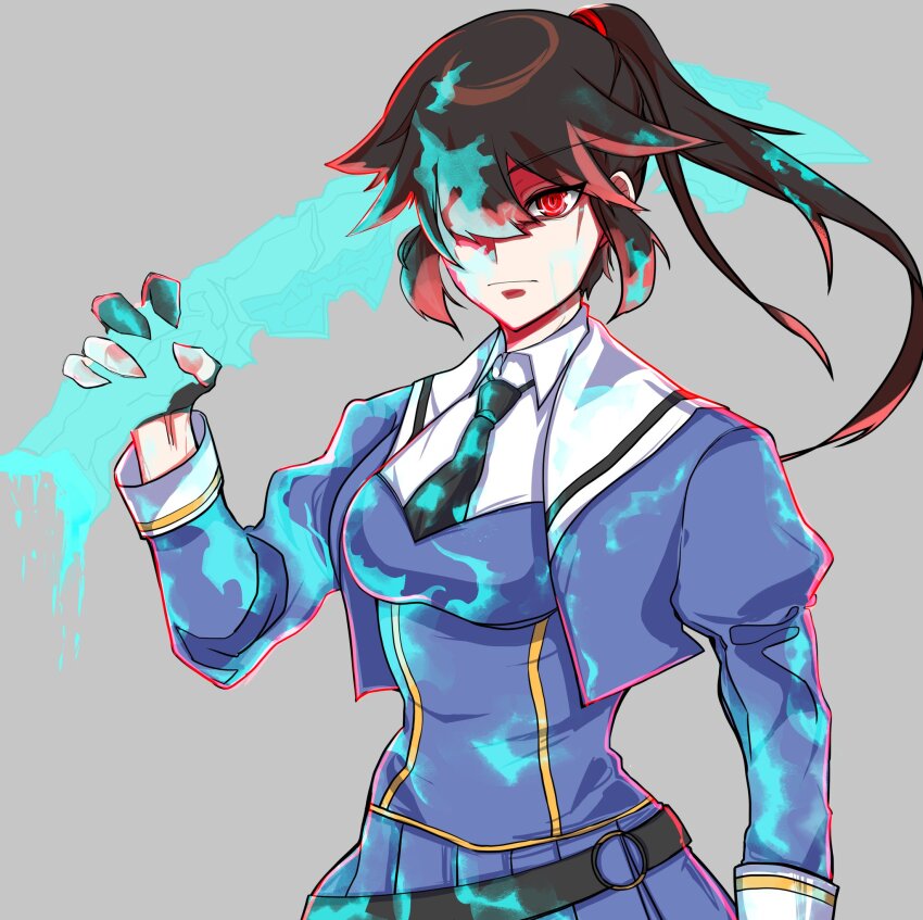 1girl arm_at_side assault_lily belt black_belt black_gloves black_hair black_necktie blood blood_drip blood_in_hair blood_on_clothes blood_on_face blood_on_hands blue_blood blue_shirt blue_skirt breasts closed_mouth collared_shirt commentary_request cropped_jacket expressionless gloves grey_background hair_between_eyes hair_over_one_eye hand_up high_ponytail highres holding holding_limb juliet_sleeves kurokuazu long_hair long_sleeves looking_at_viewer loose_belt medium_breasts nagasawa_yuki_(assault_lily) necktie o-ring o-ring_belt odaiba_girls_high_school_uniform one_eye_covered partially_fingerless_gloves pleated_skirt ponytail puffy_sleeves red_eyes school_uniform severed_limb shaded_face shirt simple_background skirt solo standing two-tone_shirt upper_body white_shirt