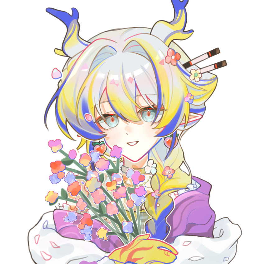 1girl :d arknights blonde_hair blue_hair bouquet chinese_commentary choker colored_extremities commentary_request dragon_girl dragon_horns eyeliner flower frills gaoyang65769 green_eyes grey_hair grin hair_between_eyes hair_flower hair_intakes hair_ornament highres holding holding_bouquet horns long_hair looking_at_viewer makeup multicolored_hair official_alternate_costume open_mouth orange_eyeliner orange_pupils pink_flower pointy_ears purple_flower red_flower shu_(arknights) shu_(spring_feast)_(arknights) simple_background smile solo upper_body white_background yellow_choker yellow_flower