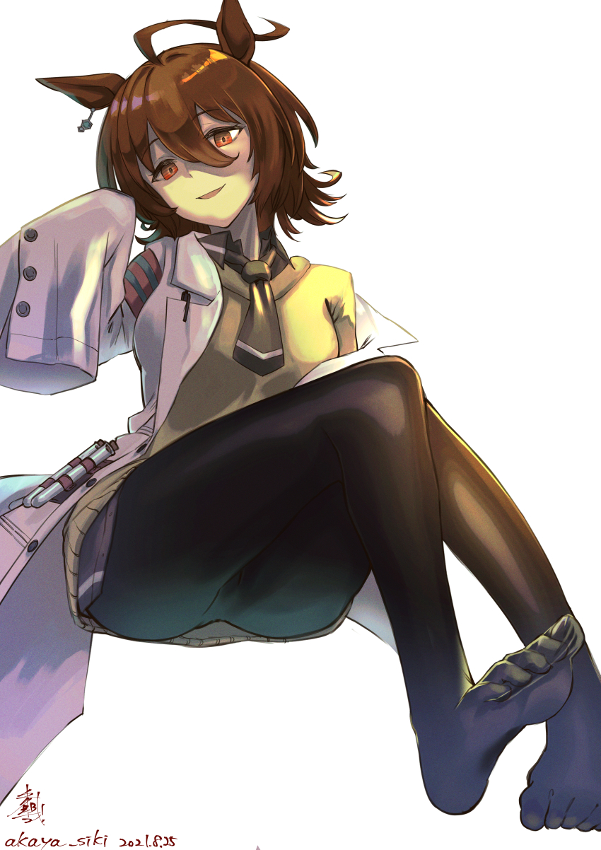 1girl absurdres agnes_tachyon_(umamusume) ahoge akaya_shiki animal_ears artist_name bandolier belt black_necktie black_pantyhose brown_hair coat coat_partially_removed commentary cork dated earrings feet hair_between_eyes highres horse horse_ears horse_girl jewelry lab_coat long_sleeves looking_at_viewer messy_hair necktie no_shoes open_clothes open_coat pantyhose parted_lips red_eyes short_hair simple_background single_earring sleeves_past_fingers sleeves_past_wrists smile soles solo sweater_vest test_tube umamusume white_background yellow_sweater_vest