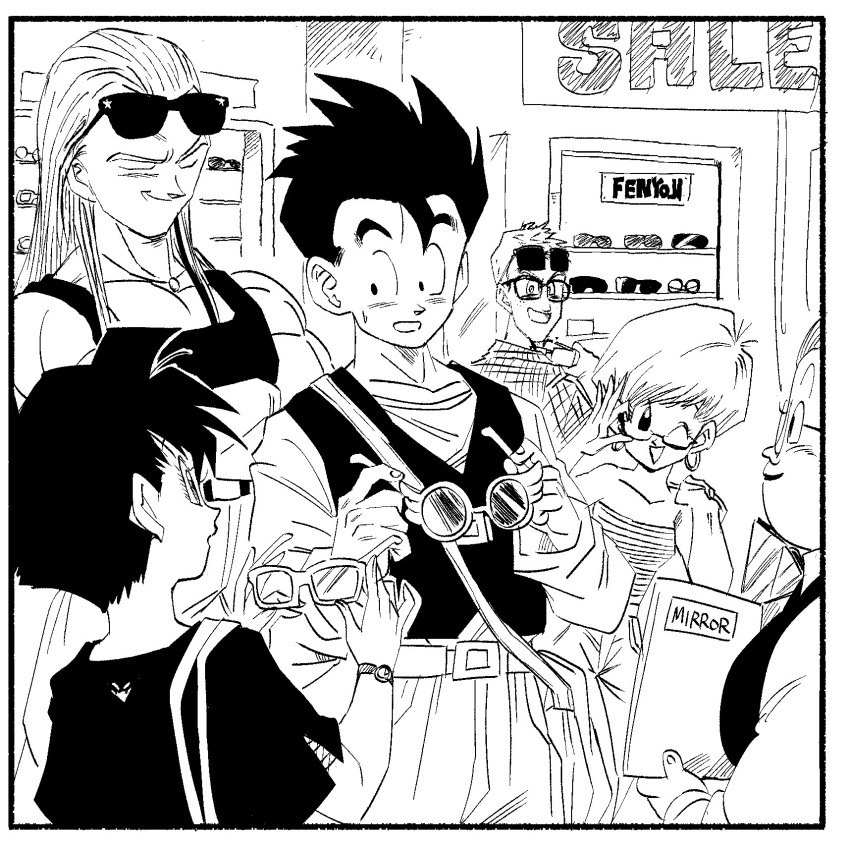 3boys 3girls artist_name closed_eyes dragon_ball dragonball_z erasa_(dragon_ball) eyewear_on_head fenyon glasses group_picture highres long_hair mirror monochrome multiple_boys multiple_girls muscular muscular_male pants sharpner shirt short_hair smirk son_gohan spiked_hair sunglasses tank_top vest videl