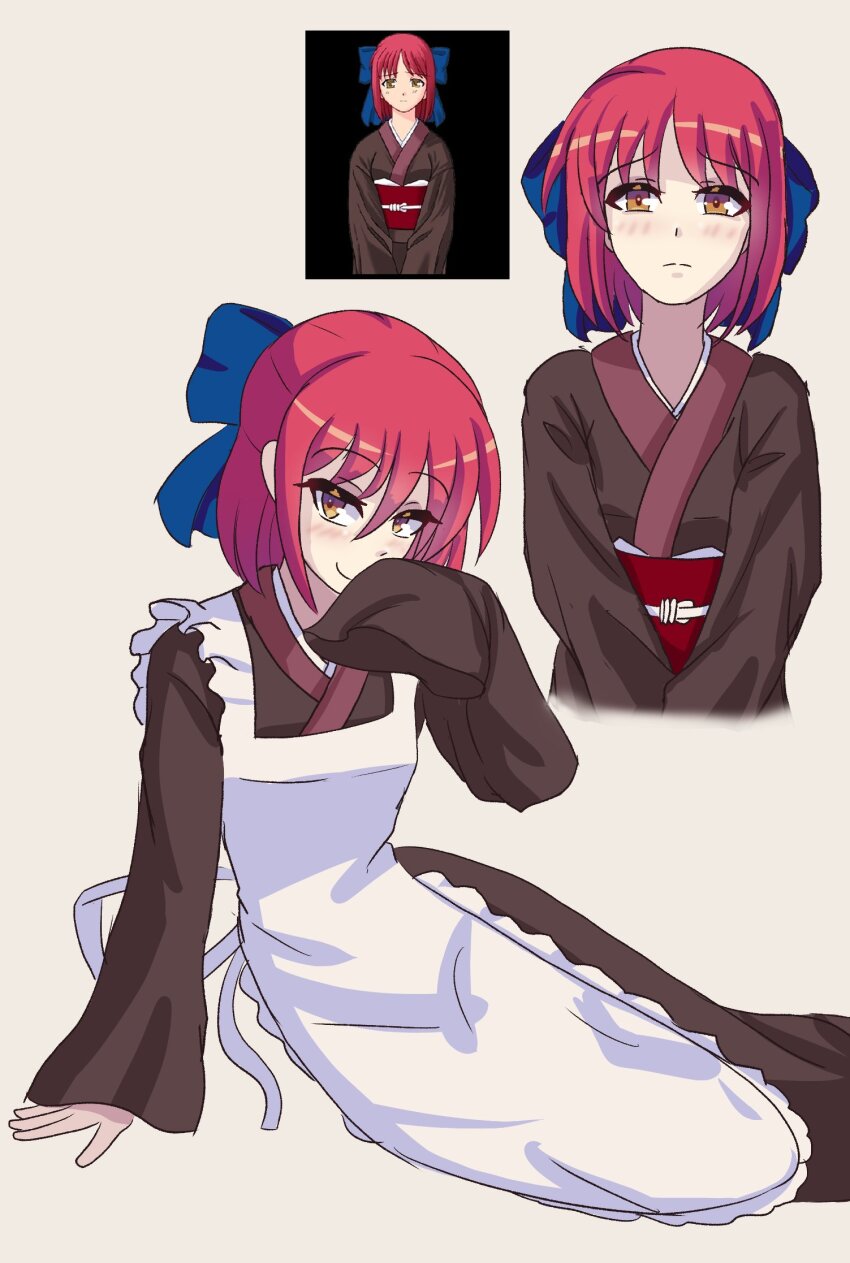 1girl aohadapeach apron blue_bow blush bow frown hair_bow hand_on_own_face highres kohaku_(tsukihime) long_sleeves looking_at_viewer maid red_hair ribbon short_hair smile smug solo sprite_art sprite_redraw tsukihime white_background yellow_eyes