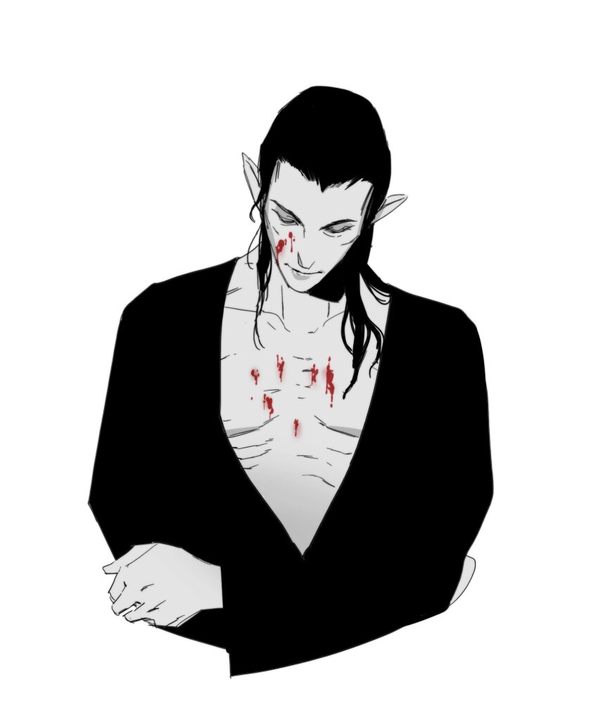 1boy baldur&#039;s_gate baldur&#039;s_gate_3 black_hair blood cazador_szarr dungeons_&amp;_dragons dungeons_&amp;_dragons hackb0m highres long_hair male_focus plunging_neckline pointy_ears solo spot_color upper_body white_background