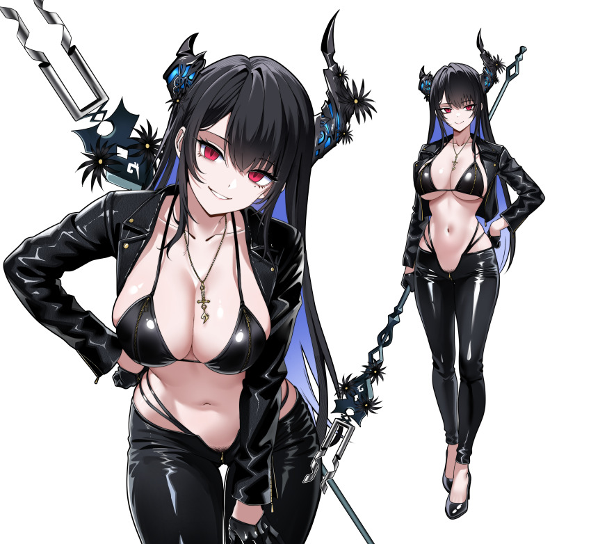 absurdres asymmetrical_horns bikini black_bikini black_gloves black_jacket black_pants breasts cleavage collarbone cropped_jacket demon_horns female_pubic_hair full_body gloves highres holding holding_polearm holding_weapon hololive hololive_english horns jacket jewelry large_breasts leaning_forward leather leather_jacket leather_pants looking_at_viewer multiple_views navel necklace nerissa_ravencroft open_clothes open_jacket pants polearm pubic_hair pubic_hair_peek raikkonen red_eyes simple_background stomach swimsuit uneven_horns virtual_youtuber weapon white_background