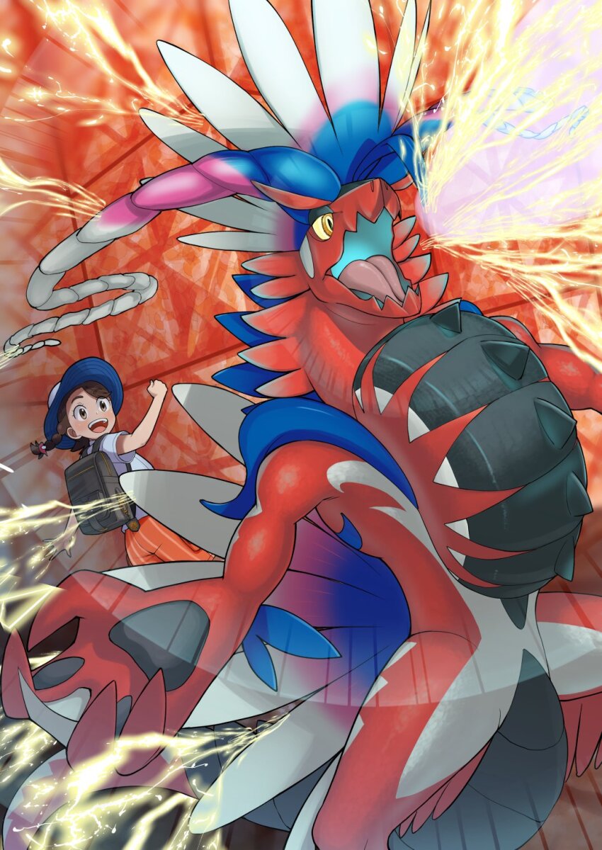 1girl backpack bag battle braid braided_ponytail brown_eyes brown_hair clenched_hand colored_sclera eo_masaka firing hat highres juliana_(pokemon) koraidon nintendo open_mouth pokemon pokemon_(creature) pokemon_sv shirt short_sleeves shorts smile standing teeth upper_teeth_only yellow_sclera