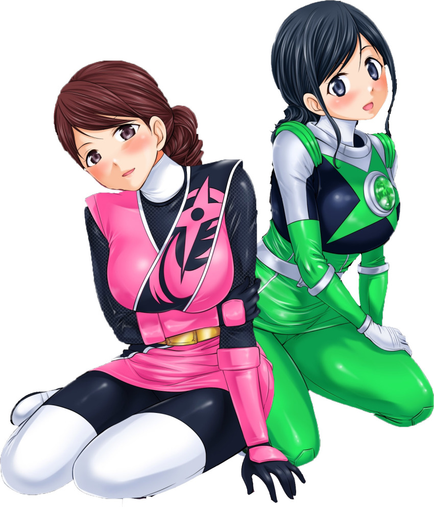 2girls abe_tsukumo black_hair brown_eyes hammie_(uchuu_sentai_kyuuranger) highres momochi_kasumi multiple_girls shuriken_sentai_ninninger super_sentai uchuu_sentai_kyuuranger