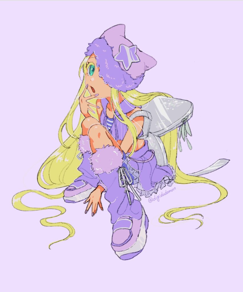 1girl adapted_costume bare_shoulders blonde_hair digidudomon digimon digimon_frontier full_body green_eyes hat highres leg_warmers long_hair orimoto_izumi purple_background purple_hat purple_leg_warmers purple_skirt purple_vest simple_background skirt solo vest