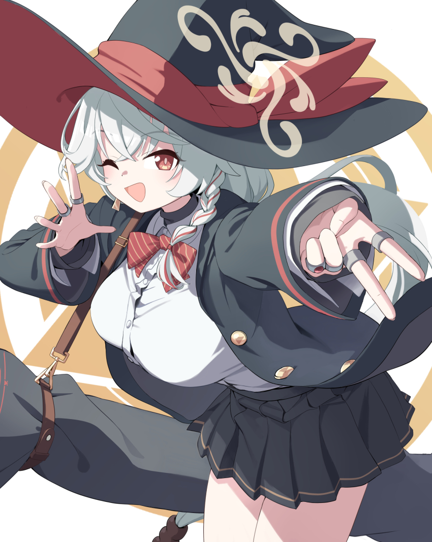 1girl black_jacket black_skirt blue_archive bow bowtie braid breasts brown_eyes collared_shirt commentary eri_(blue_archive) halo hat highres jacket jewelry large_breasts long_hair long_sleeves looking_at_viewer miniskirt multiple_rings one_eye_closed open_clothes open_jacket open_mouth pleated_skirt red_bow red_bowtie ring shirt shirt_tucked_in shrimp1634 side_braid simple_background skirt solo tilted_halo v white_shirt