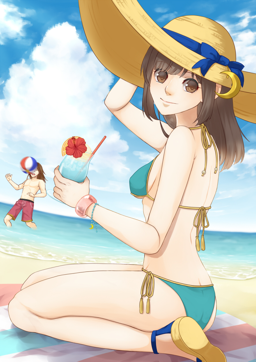 ass back backboob ball beach beach_towel beachball bikini blue_bikini bracelet breasts brown_eyes brown_hair butt_crack cleavage cloud cloudy_sky crescent crescent_hat_ornament cup drink drinking_glass drinking_straw food fruit hat hat_ornament highres ishida_mitsunari ishida_mitsunari_(sengoku_musou) jewelry kneeling legs lemon lemon_slice looking_at_viewer looking_back male_swimwear medium_hair nipples ocean protagonist_(sengoku_musou_chronicle) ribbon sandals sengoku_musou sengoku_musou_chronicle side-tie_bikini_bottom sky small_breasts straw_hat string_bikini swim_trunks swimsuit tassel thighs towel underboob