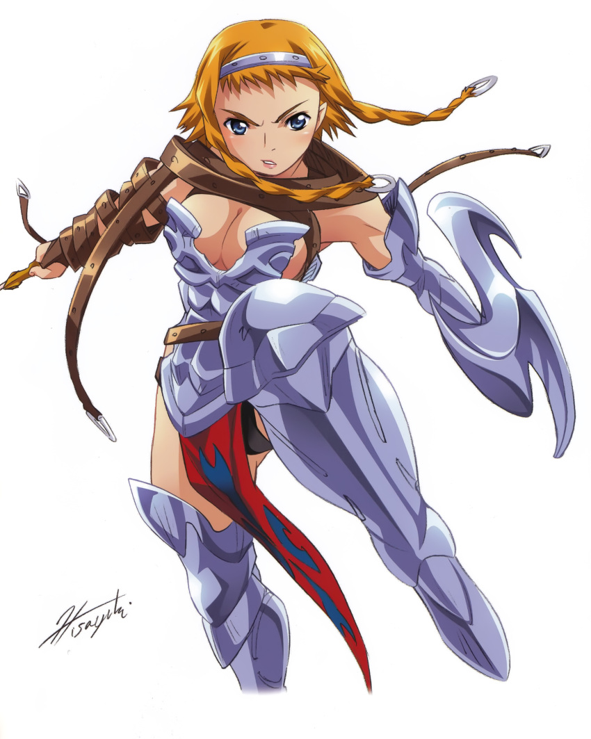 1girl absurdres armor blonde_hair boots braid breastplate buckle curvy hairband highres hisayuki_hirokazu jumping leina_(queen&#039;s_blade) lips looking_at_viewer official_art queen&#039;s_blade revealing_clothes scan shield shiny_skin short_hair_with_long_locks side_braid slashing solo spread_legs sword thong twin_braids weapon