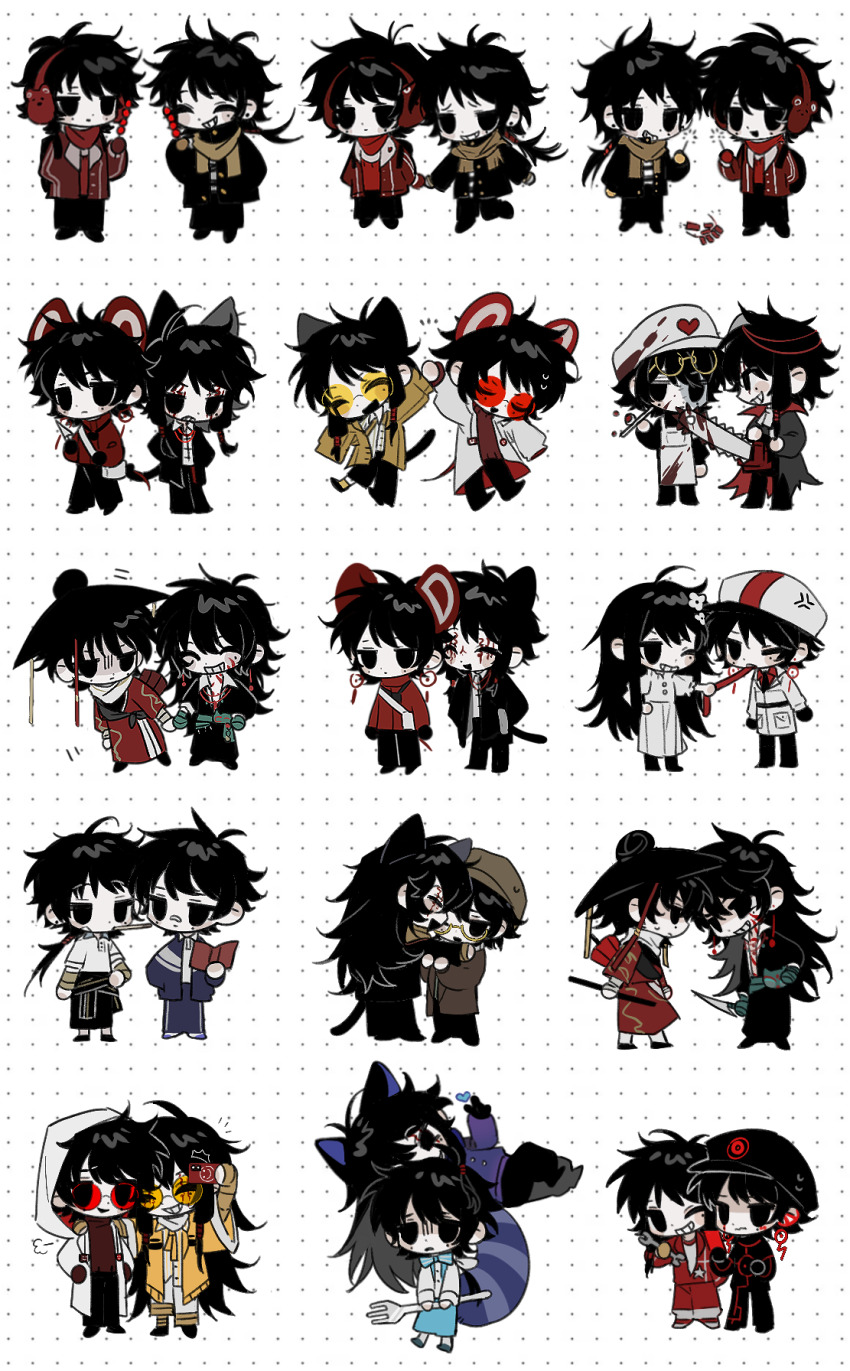 5boys ahoge animal_earmuffs animal_ears apron bag bai_yuan black_coat black_eyes black_gloves black_hair black_hat black_jacket black_pants black_shoes blood blood_on_clothes bloody_weapon blue_jacket blue_pants blush_stickers brown_coat brown_hat camera cat_boy cat_ears cat_tail cen_boyao chainsaw chibi chibi_only chinese_clothes chinese_commentary clenched_teeth closed_eyes closed_mouth coat collared_shirt colored_skin commentary_request crossdressing dress earmuffs earrings expressionless facepaint flower frown glasses gloves grey_bag grey_coat grey_dress grey_hat grey_shirt grin hair_flower hair_ornament hand_on_own_hip hanfu hat heart high_five highres holding holding_camera holding_chainsaw holding_hands holding_knife huayangshan_jishi jacket jewelry jitome kemonomimi_mode knife li_yuting_(male) long_hair long_sleeves male_focus mole mole_under_each_eye mole_under_eye mouse_ears mouse_tail multiple_boys multiple_moles multiple_views nuobeiyhengaoxingrenshini official_alternate_costume one_eye_closed open_clothes open_jacket open_mouth pants pulling_tongue red-tinted_eyewear red_gloves red_hanfu red_jacket red_pants red_scarf red_sweater round_eyewear scarf semi-rimless_eyewear shirt shoes short_hair short_hair_with_long_locks shoulder_bag simple_background smile sweat sweater tail teeth tinted_eyewear touqi_guaitan trap two-sided_coat two-sided_fabric weapon white_apron white_background white_shirt white_skin yellow-framed_eyewear yellow-tinted_eyewear yellow_gloves yellow_jacket zhao_yuwen ziche_fuzhao