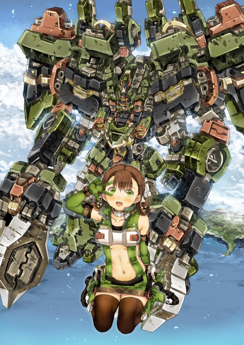 1girl absurdres black_thighhighs blush brown_hair center_opening cloud elbow_gloves flying garimpeiro gloves glowing glowing_eyes green_eyes green_gloves hair_behind_ear hair_rings highres island looking_at_viewer mecha navel ocean orange_eyes original robot sky smile thighhighs v