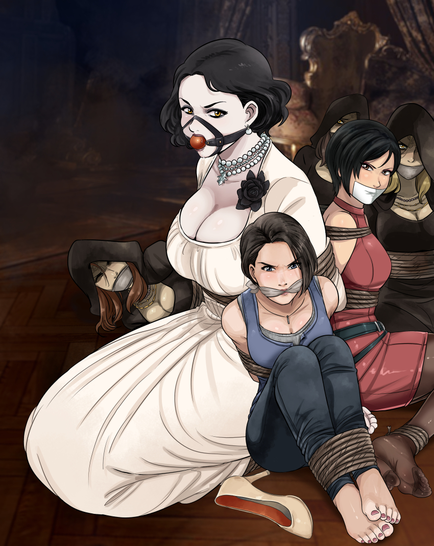 6+girls absurdres ada_wong alcina_dimitrescu arms_behind_back ball_gag bdsm bela_dimitrescu black_flower black_hair blonde_hair blue_eyes bondage bound bound_ankles bound_arms breasts brown_eyes brown_hair capcom cassandra_dimitrescu cleavage cleave_gag cloth_gag daniela_dimitrescu earrings flower gag gagged highres improvised_gag jewelry jill_valentine large_breasts looking_at_viewer lost_one_zero makeup multiple_girls nail_polish necklace resident_evil resident_evil_2 resident_evil_3:_nemesis resident_evil_village shoes tape tape_gag toenail_polish toenails unworn_shoes yellow_eyes