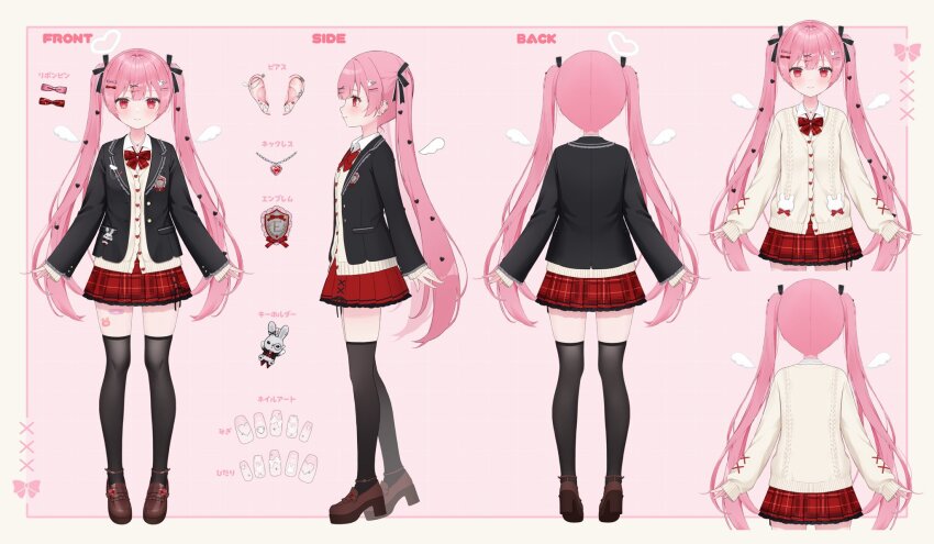 1girl amatsuka_eru amatsuka_eru_(school_uniform) black_jacket black_thighhighs blazer bow bowtie brown_shoes cardigan collared_shirt from_behind from_side full_body hair_ribbon hashtag-only_commentary highres indie_virtual_youtuber jacket lapels loafers long_hair looking_at_viewer miniskirt multiple_views official_alternate_costume official_art pink_hair plaid_bow plaid_bowtie plaid_clothes plaid_skirt pleated_skirt red_bow red_bowtie red_eyes red_skirt reference_sheet ribbon school_uniform shano_hiyori shirt shoes skirt smile solo thighhighs twintails virtual_youtuber