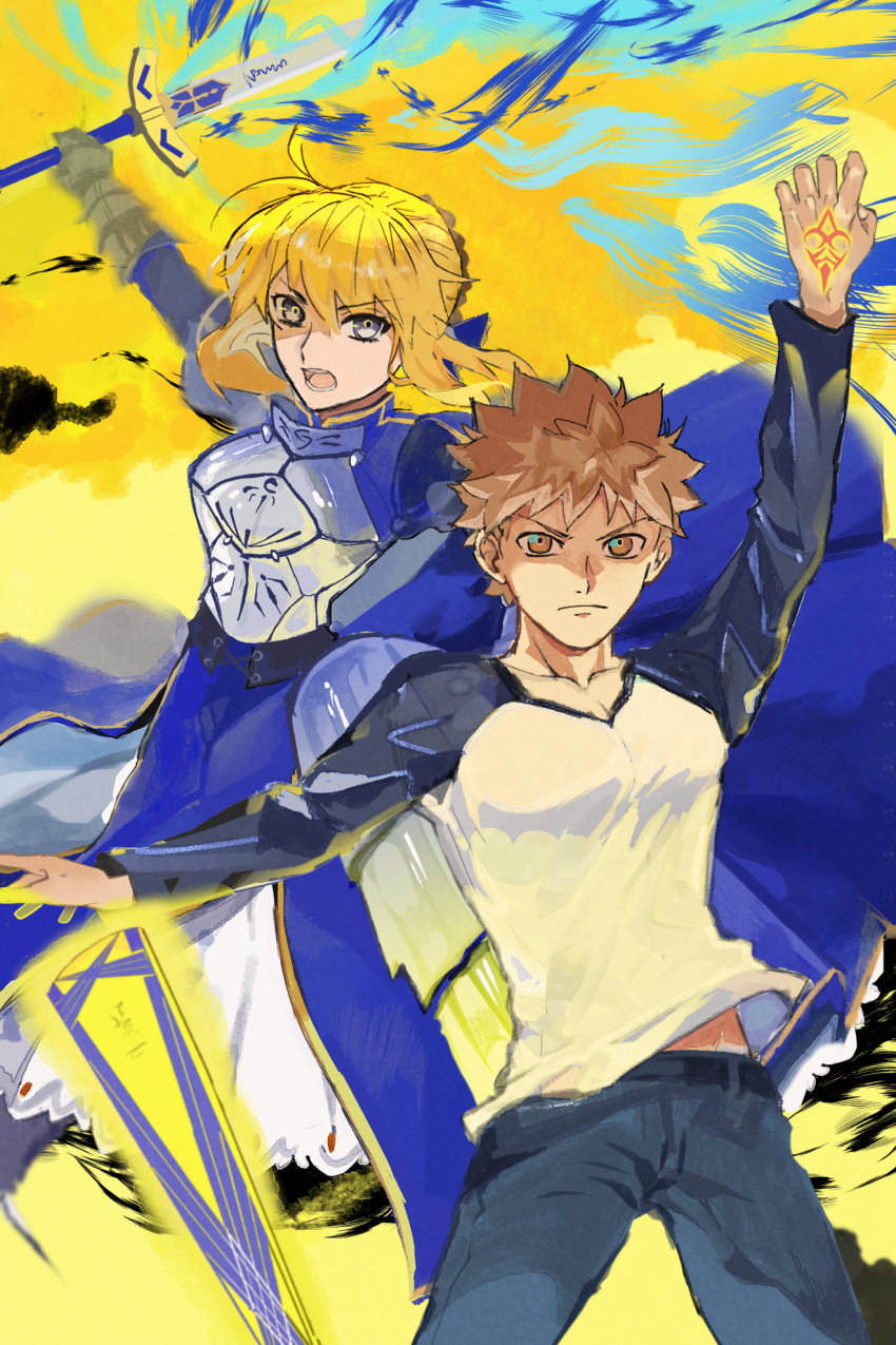 1boy 1girl ahoge armor armored_dress artoria_pendragon_(fate) avalon_(fate) blonde_hair blue_dress blue_eyes braid breastplate brown_eyes brown_hair commentary_request dress emiya_shirou erk_(okra_ecory) excalibur_(fate/stay_night) fate/stay_night fate_(series) highres holding holding_sword holding_weapon long_dress open_mouth reverse_grip saber_(fate) sheath sword weapon