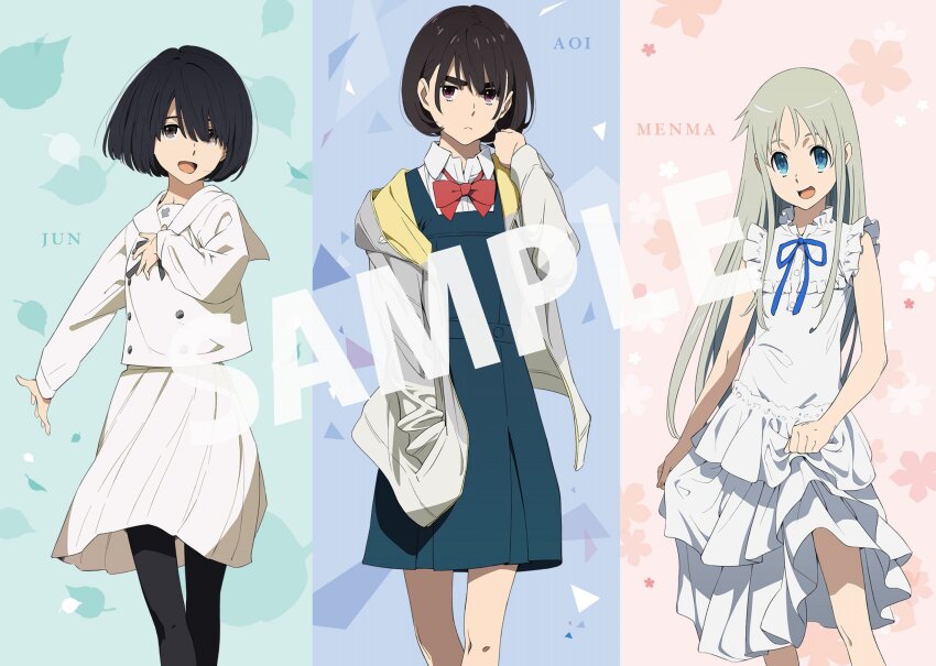 3girls aioi_aoi_(sora_no_aosa_o_shiru_hito_yo) ano_hi_mita_hana_no_namae_wo_bokutachi_wa_mada_shiranai. black_hair black_leggings collarbone commentary_request cowboy_shot dress hand_in_pocket highres honma_meiko jacket kokoro_ga_sakebitagatterunda. leggings long_hair long_sleeves multiple_girls naruse_jun official_art open_clothes open_jacket open_mouth sailor_collar sample_watermark school_uniform second-party_source serafuku shirt short_hair skirt smile sora_no_aosa_o_shiru_hito_yo tanaka_masayoshi watermark white_dress white_sailor_collar white_serafuku white_shirt white_skirt