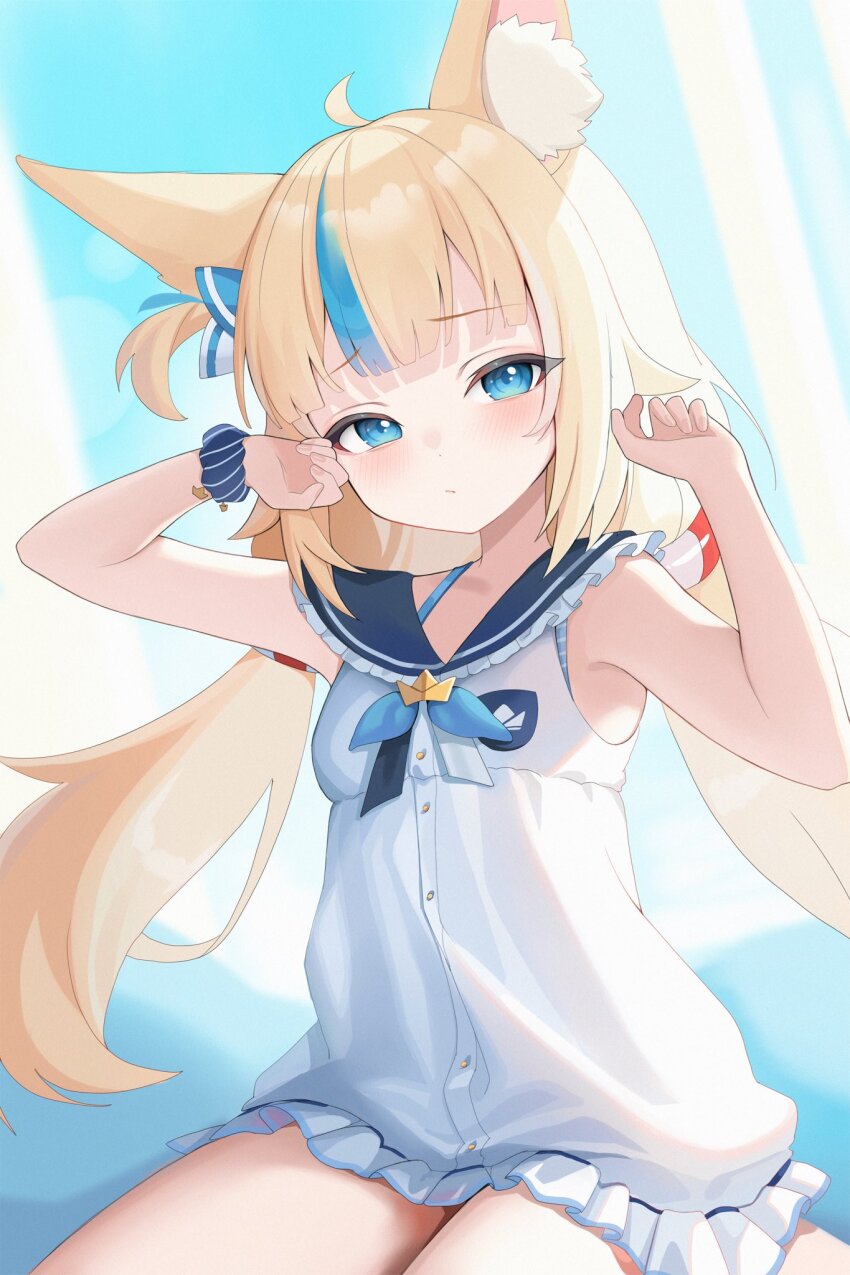 1girl ahoge animal_ear_fluff animal_ears arms_up bare_arms blonde_hair blue_eyes blue_hair blue_neckerchief blue_sailor_collar blush breasts bright_background buttons cat_ears closed_mouth commentary dress frilled_dress frills half-closed_eyes head_tilt highres hoshimurii indie_virtual_youtuber lifebuoy_hair_ornament long_hair looking_at_viewer low_twintails multicolored_hair neckerchief one_side_up paper_boat sailor_collar sameko_saba scrunchie sitting sleeveless sleeveless_dress small_breasts solo streaked_hair twintails very_long_hair virtual_youtuber white_dress wrist_scrunchie