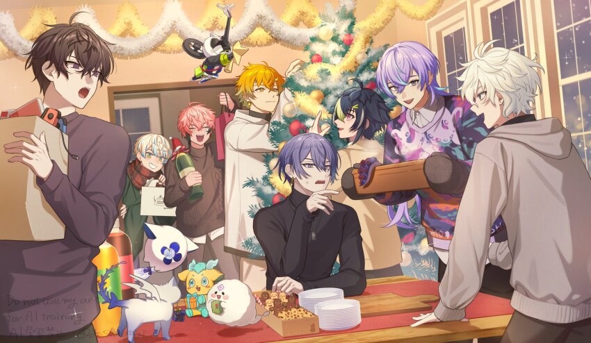 6+boys :d :o ^_^ ahoge akagi_wen antenna_hair aqua_hair arm_up artist_name bag bandaid bandaid_on_cheek bandaid_on_face black_hair black_pants black_shirt black_sweater blonde_hair blue_eyes blue_hair bottle box brown_sweater chocolate_chip_cookie christmas christmas_tree closed_eyes closed_mouth collared_shirt commentary cookie crossed_bangs cutting_board dytica_(nijisanji) earrings fangs food garland_(decoration) gift gift_bag gift_box gingerbread_man gradient_hair green_eyes green_hair green_jacket grey_eyes grey_hair grey_hoodie grey_pants grin hair_between_eyes hair_ornament hairclip hand_up hibachi_mana highres holding holding_bag holding_bottle holding_gift hood hood_down hoodie hoshirube_sho inami_rai indoors jacket jewelry joy-con koyanagi_rou lightning_bolt lightning_bolt_earrings lightning_bolt_hair_ornament lightning_bolt_symbol long_hair long_sleeves looking_at_another looking_to_the_side male_focus merasugi multicolored_eyes multicolored_hair multicolored_sweater multiple_boys murakumo_kagetsu necklace night nijisanji open_mouth orange_eyes orange_hair oriens_(nijisanji) otomo_(hoshirube_sho) otomo_(koyanagi_rou) oven_mitts pants paper_bag pink_hair plaid_clothes plaid_scarf plate purple_eyes purple_hair purple_shirt red_scarf robot saiki_ittetsu scarf sharp_teeth shirt short_hair sidelocks single_earring sitting smile snowing soda soda_bottle sparkle standing steam streaked_hair sweatdrop sweater symbol-only_commentary table teeth tentacles tree-topper turtleneck turtleneck_sweater twitter_username two-tone_eyes upper_teeth_only usami_rito virtual_youtuber watermark white_hair white_hoodie white_shirt window wine_bottle wooden_table yellow_eyes