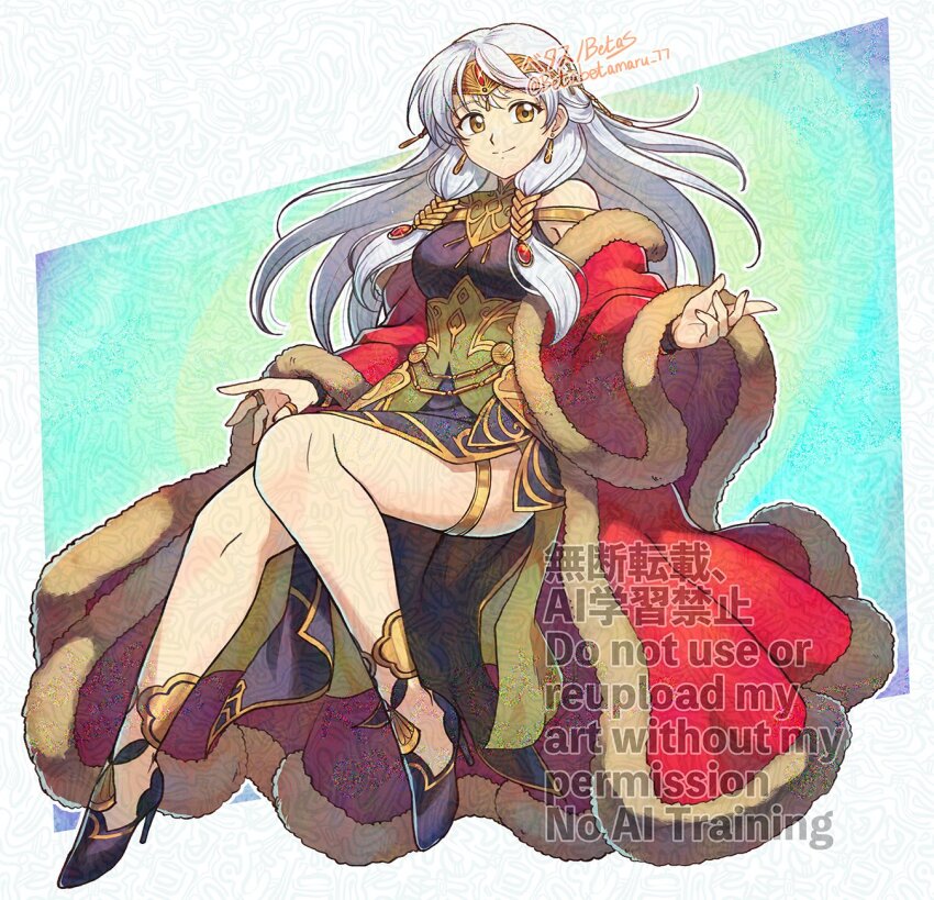 1girl adversarial_noise alt_text bare_legs betabetamaru cape circlet closed_mouth commentary commentary_request dress english_commentary fire_emblem fire_emblem:_radiant_dawn fire_emblem_heroes fur-trimmed_cape fur_trim high_heels highres long_hair micaiah_(fire_emblem) micaiah_(radiant_queen)_(fire_emblem) mixed-language_commentary nintendo official_alternate_costume red_cape short_dress smile solo watermark white_hair yellow_eyes