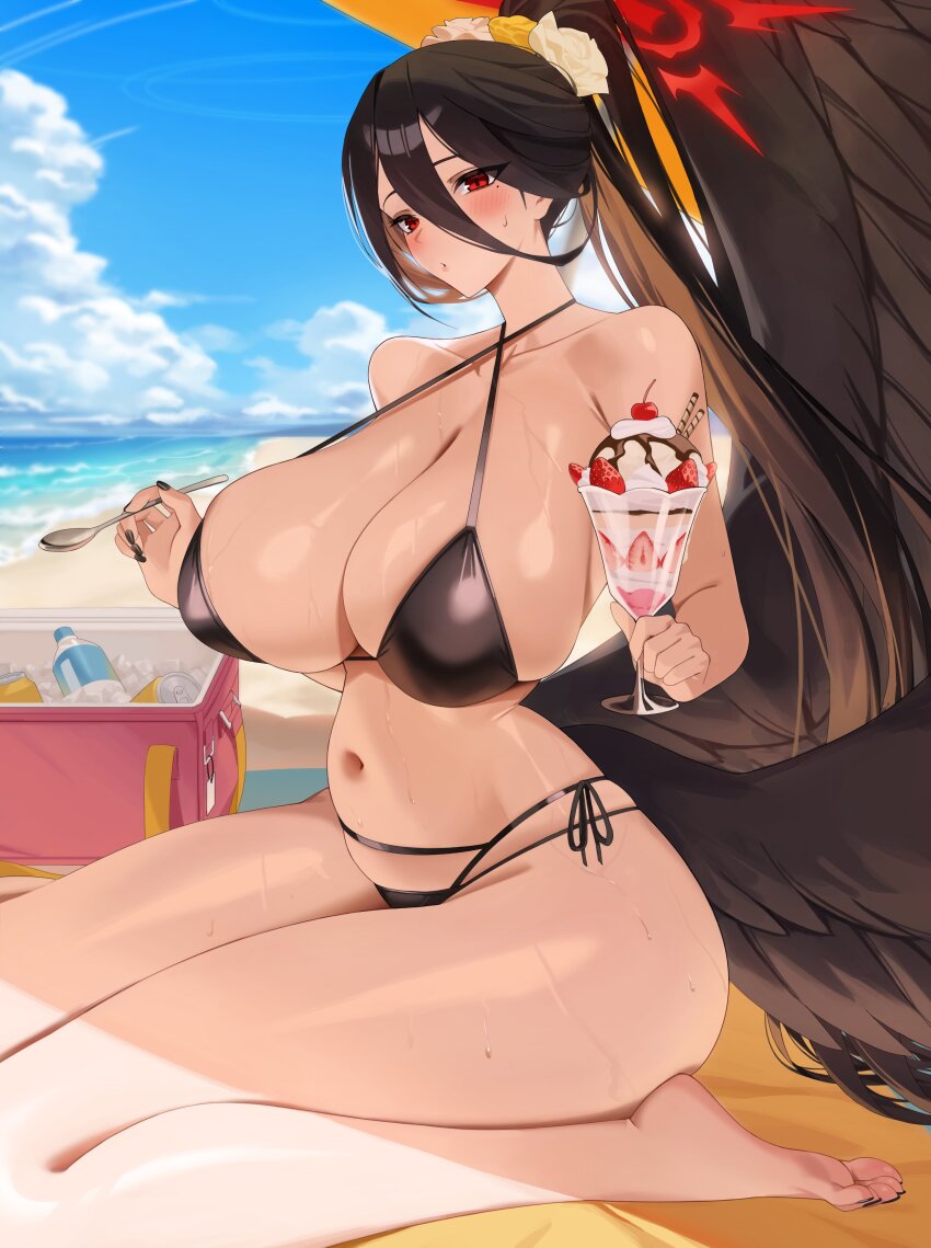 1girl absurdres alternate_costume bare_shoulders barefoot beach bikini black_bikini black_hair black_nails black_wings blanket blue_archive blue_sky bottle breasts can cleavage cloud commentary_request cooler ddog feathered_wings flower food hair_between_eyes hair_flower hair_ornament halo halterneck hasumi_(blue_archive) high_ponytail highres holding holding_spoon huge_breasts low_wings mole mole_under_eye multi-strapped_bikini_bottom nail_polish navel outdoors oversized_wings parfait ponytail red_eyes red_halo sand shore side-tie_bikini_bottom sitting sky solo spoon strawberry_parfait sweat swimsuit wariza water_bottle wings