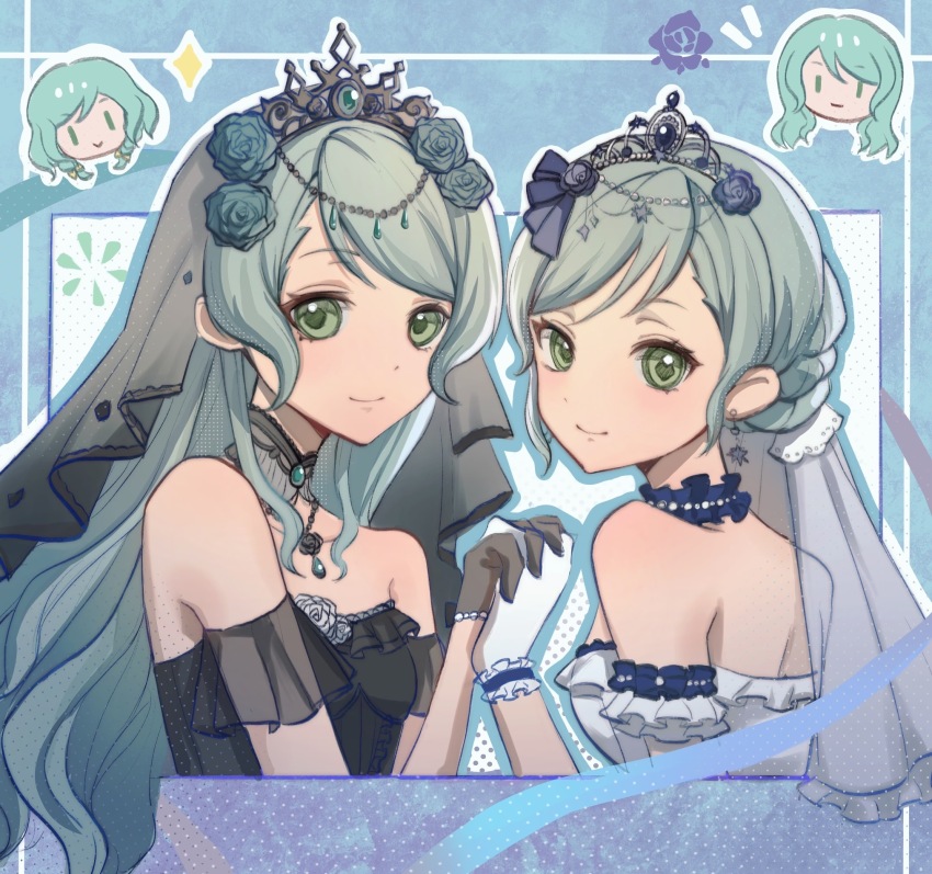 2girls aqua_flower aqua_hair aqua_rose bang_dream! bare_shoulders bead_choker bead_necklace beads black_dress black_gloves black_sleeves blue_background blue_flower blue_ribbon blue_rose blue_sleeves choker circlet closed_mouth collar detached_collar detached_sleeves dot_nose dress eyelashes flower flower_necklace frilled_choker frilled_dress frilled_gloves frilled_sleeves frilled_veil frills gloves green_eyes grey_collar grey_vest hair_flower hair_ornament halftone highres hikawa_hina hikawa_sayo holding_hands hulianwangguafu interlocked_fingers jewelry light_blush long_hair looking_at_viewer multiple_girls necklace notice_lines outline ribbon rose see-through_clothes see-through_sleeves short_hair shoulder_blades siblings sidelocks sisters smile sparkle strapless strapless_dress swept_bangs tiara twins two-tone_sleeves upper_body very_long_hair vest wavy_hair white_dress white_gloves white_outline white_sleeves