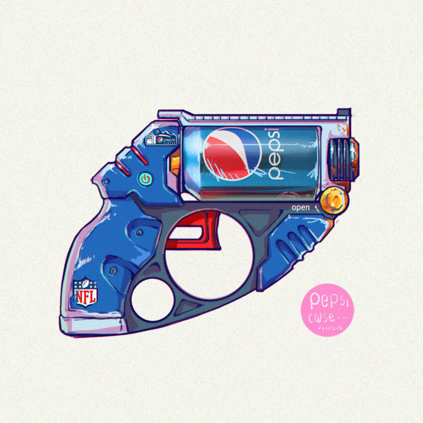 artist_name can chromatic_aberration dated drink_can english_text gun handgun iwse_zhang national_football_league no_humans original pepsi power_symbol signature simple_background soda_can sticker still_life weapon weapon_focus white_background