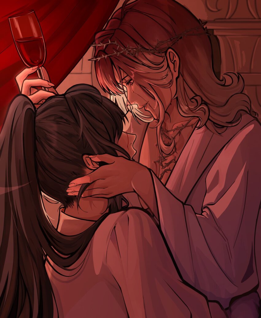 2girls alcohol black_hair blood blood_on_face commentary crown_of_thorns cup drinking_glass english_commentary hand_on_another&#039;s_face highres long_hair long_sleeves looking_at_another mikiyuuz multiple_girls parted_lips path_to_nowhere ponytail rahu_(path_to_nowhere) red_wine shalom_(path_to_nowhere) shirt sitting sitting_on_lap sitting_on_person smile thorns white_shirt wine wine_glass yuri