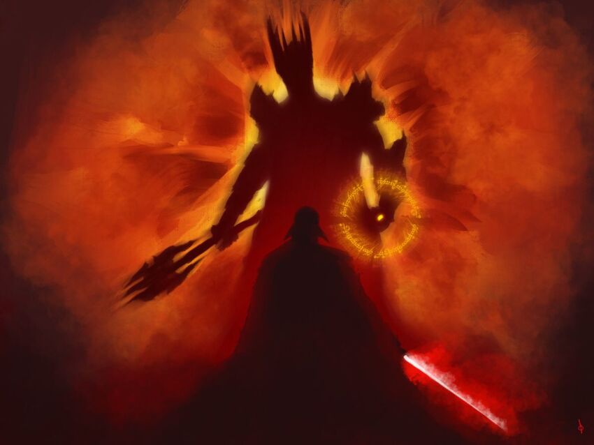 2boys armor battle black_cloak cloak crossover darth_vader energy_sword full_armor glowing glowing_jewelry glowing_weapon helm helmet holding holding_mace holding_weapon jewelry lightsaber mace multiple_boys odunnus pauldrons ring sauron shoulder_armor signature sith size_difference spiked_armor spiked_helmet spiked_mace spikes standing star_wars sword tengwar_text the_lord_of_the_rings the_one_ring tolkien&#039;s_legendarium weapon