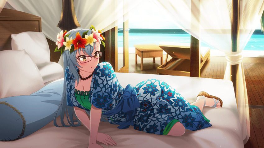 1girl bead_necklace beads bed blue_dress body_pillow breasts chair cleavage curtains day dress floral_print flower game_cg glasses grey_hair hair_between_eyes head_wreath jewelry kitora_mirja long_hair lounge_chair lying necklace non-web_source official_art on_bed parted_lips pillow pool red-framed_eyewear sash short_sleeves solo toji_no_miko toji_no_miko:_kizamishi_issen_no_tomoshibi tropical