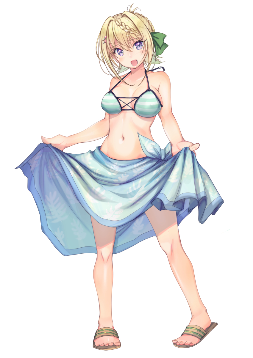 1girl absurdres bikini blonde_hair braid braided_bangs braided_bun breasts clothes_lift commentary_request full_body hair_bun highres kantai_collection long_hair looking_at_viewer medium_breasts official_alternate_costume perth_(kancolle) perth_(swimsuit)_(kancolle) purple_eyes sandals sarong sarong_lift simple_background smile solo striped_bikini striped_clothes swimsuit white_background yashin_(yasinz)