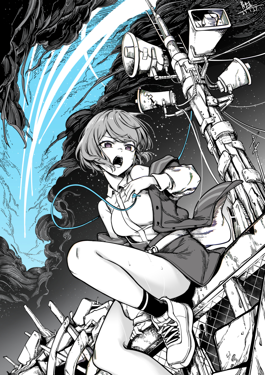 1girl bang_dream! bang_dream!_it&#039;s_mygo!!!!! belt breasts collared_shirt greyscale highres jacket lanyard long_sleeves megaphone meteor monochrome music night off_shoulder open_clothes open_jacket open_mouth outdoors power_lines purple_eyes qingwa_chi_she shirt shoes short_hair singing sitting skirt sky sleeveless sneakers socks solo spot_color star_(sky) sweat takamatsu_tomori thighs utility_pole wreckage