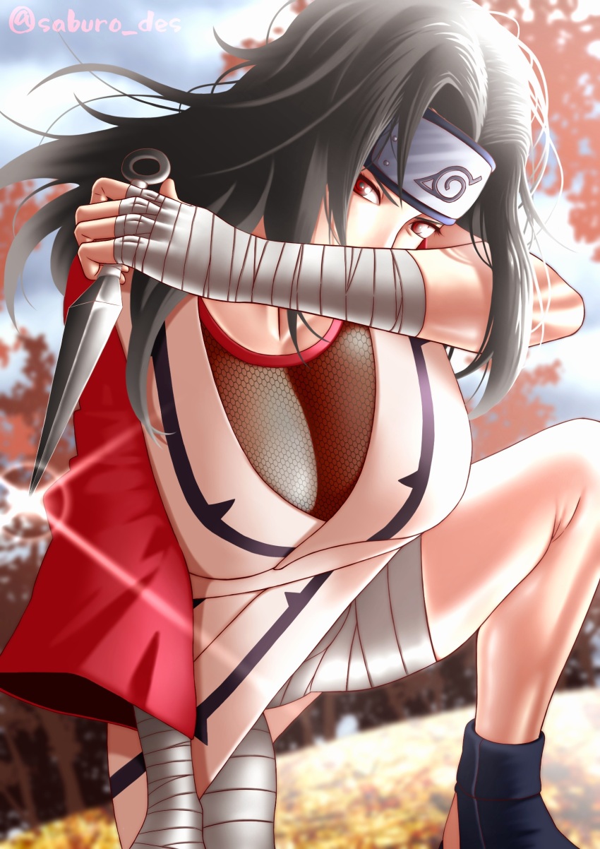 1girl ankle_boots arm_over_mouth bandaged_hand bandaged_wrists black_hair boots breasts cleavage collarbone forehead_protector forest highres holding holding_kunai holding_weapon konohagakure_symbol kunai large_breasts looking_at_viewer naruto_(classic) naruto_(series) nature on_one_knee parted_bangs red_eyes red_shirt saburo_des shirt twitter_username weapon yuuhi_kurenai