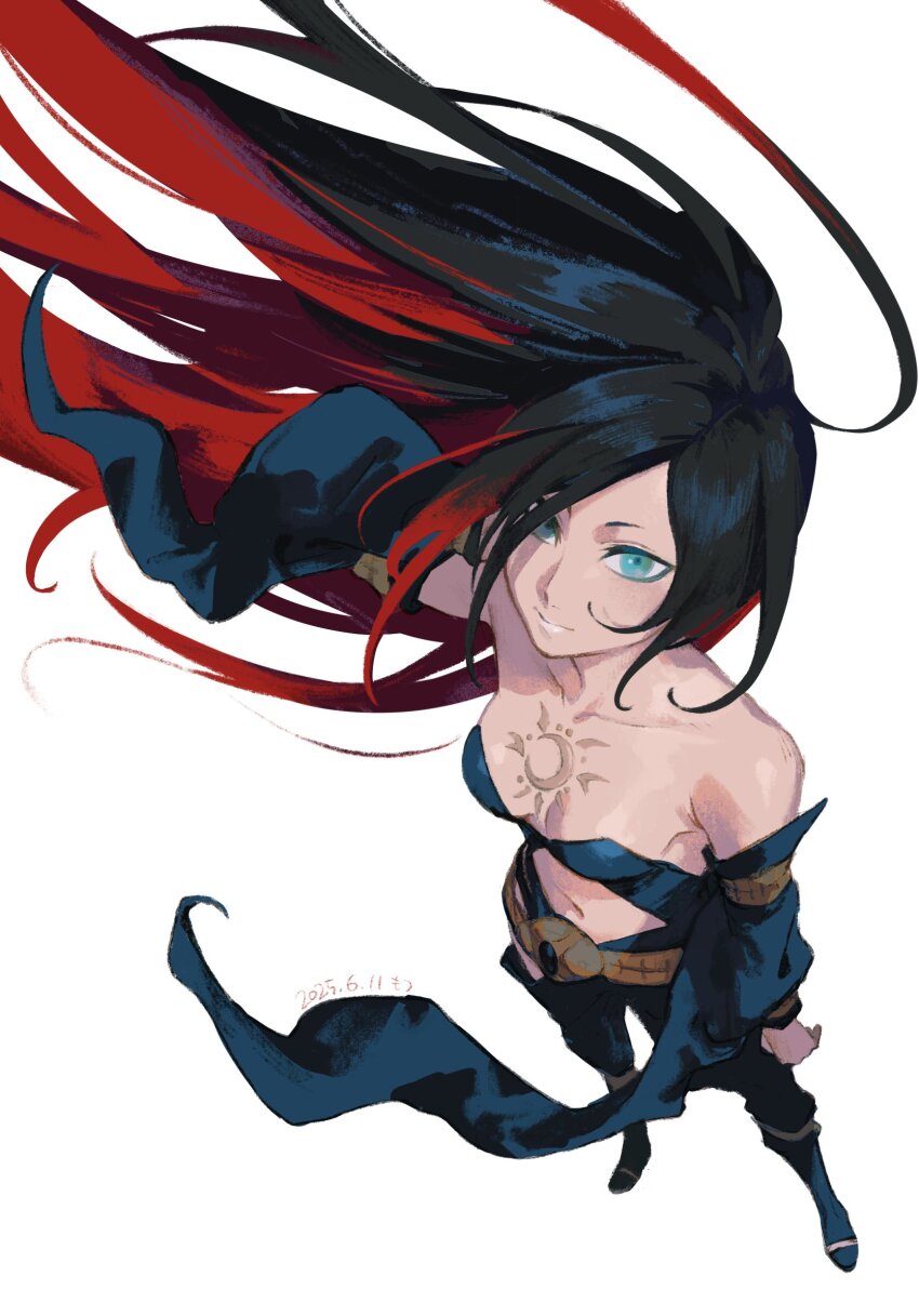 1girl bare_shoulders black_hair black_pants blue_eyes breasts crescent crow_(gravity_daze) gravity_daze highres long_hair medium_breasts mossan351 multicolored_hair pants red_hair revealing_clothes simple_background solo standing two-tone_hair white_background