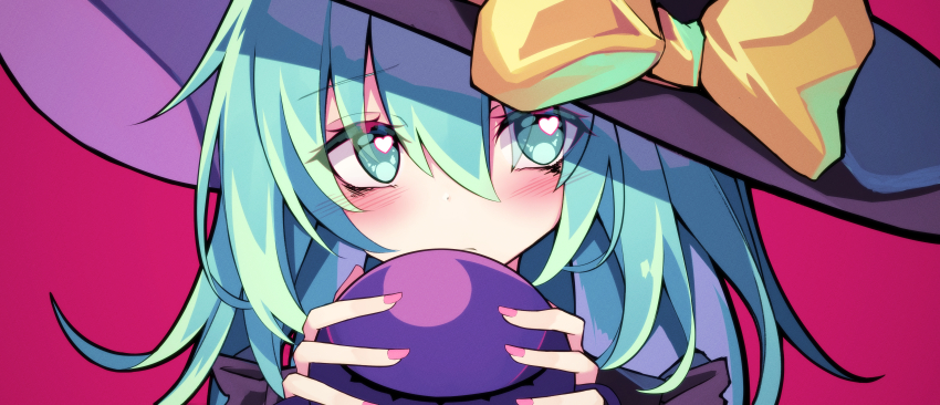 1girl absurdres aqua_eyes aqua_hair black_hat blush bow closed_mouth eyeball frilled_shirt_collar frills frown hair_between_eyes hat hat_bow hat_ribbon heart heart_in_eye highres holding koishi_day komeiji_koishi looking_to_the_side magenta_background medium_hair nail_polish pink_background pink_nails portrait ribbon simple_background solo su_ha_ya symbol_in_eye third_eye touhou wavy_hair yellow_bow yellow_ribbon