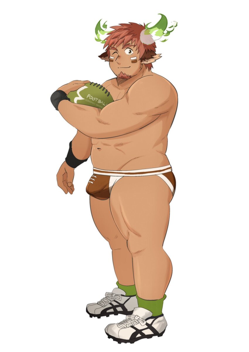 1boy american_football_(object) animal_ears ball bara brown_eyes brown_hair bulge cow_boy cow_ears dark-skinned_male dark_skin eye_black facial_hair fiery_horns forked_eyebrows from_side full_body glowing_horns goatee green_socks highres holding holding_ball horns kosuke_(ksk11ksk11) looking_at_viewer male_focus muscular muscular_male navel one_eye_closed rugby_underwear short_hair sideburns smile socks solo spiked_hair standing stomach thick_eyebrows thick_thighs thighs tokyo_houkago_summoners topless_male wakan_tanka