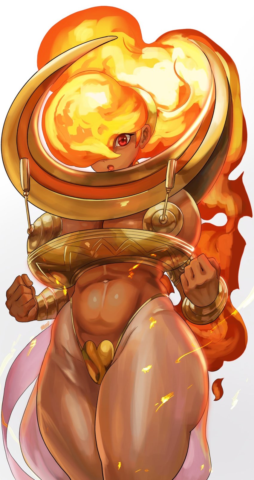 1girl breasts capcom cleavage colored_skin cowboy_shot fire hair_over_one_eye hand_on_own_hip highres hip_focus large_breasts lips looking_at_viewer midriff navel noblood_(ryandomonica) orange_hair pasties power_stone red_eyes red_skin rouge_(power_stone) simple_background smile solo tassel tassel_pasties thighs white_background