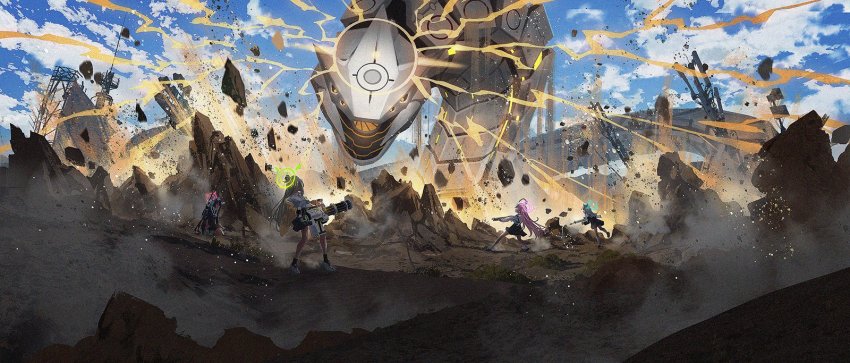 4girls battle binah_(blue_archive) blue_archive cloud covering_privates dirt eruption gatling_gun halo highres hoshino_(blue_archive) long_hair miyoshi_nao_(miyoshist) multiple_girls nonomi_(blue_archive) robot rock ruins school_uniform serika_(blue_archive) shiroko_(blue_archive) sky