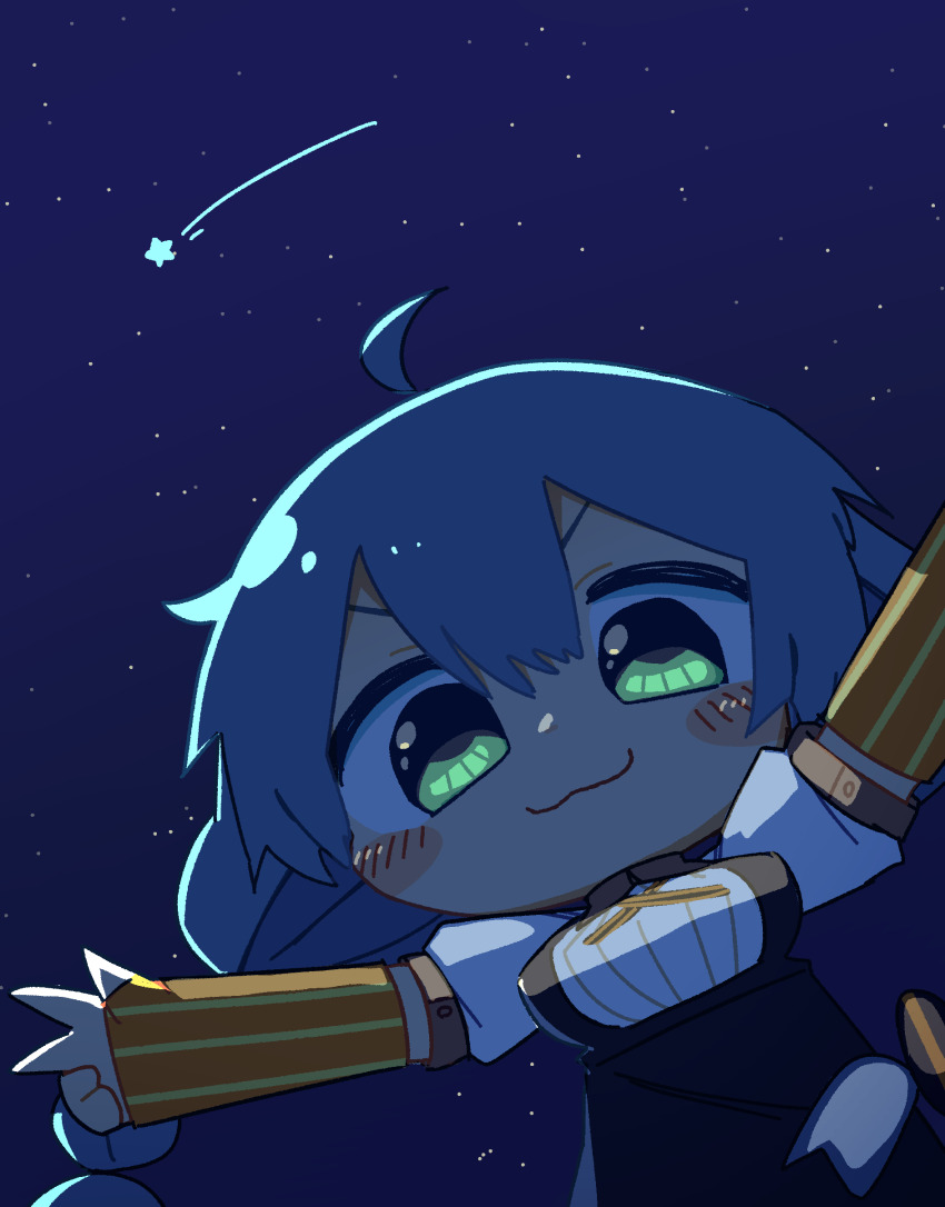 1girl :3 absurdres ahoge black_dress blush_stickers braid closed_mouth commentary_request dress fingerless_gloves gloves green_eyes grey_hair highres kizuna_akari konohoshi long_hair looking_at_viewer neck_ribbon night night_sky orange_gloves orange_ribbon outstretched_arms puffy_short_sleeves puffy_sleeves ribbon shooting_star short_sleeves sky smile solo star_(sky) starry_sky striped_clothes striped_gloves twin_braids upper_body vocaloid voiceroid w