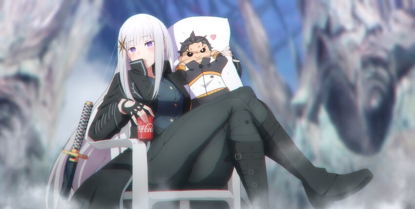 1boy 1girl absurdres black_hair black_pants blush body_pillow breasts can cedric_(gear_art) chair chibi coat coca-cola commission compass_rose cosplay crossover devil_may_cry_(series) drink_can elf fingerless_gloves flexing full_body gloves grey_hair hair_ornament hair_slicked_back highres holding jacket katana long_coat long_hair long_sleeves looking_at_viewer medium_breasts meme natsuki_subaru on_chair pants parody pillow pointy_ears purple_eyes re:zero_kara_hajimeru_isekai_seikatsu satella_(re:zero) sheath shirt short_hair sitting smile soda_can sword track_jacket track_suit vergil&#039;s_chair_(meme) vergil_(devil_may_cry) vergil_(devil_may_cry)_(cosplay) very_long_hair weapon white_hair yamato_(sword)