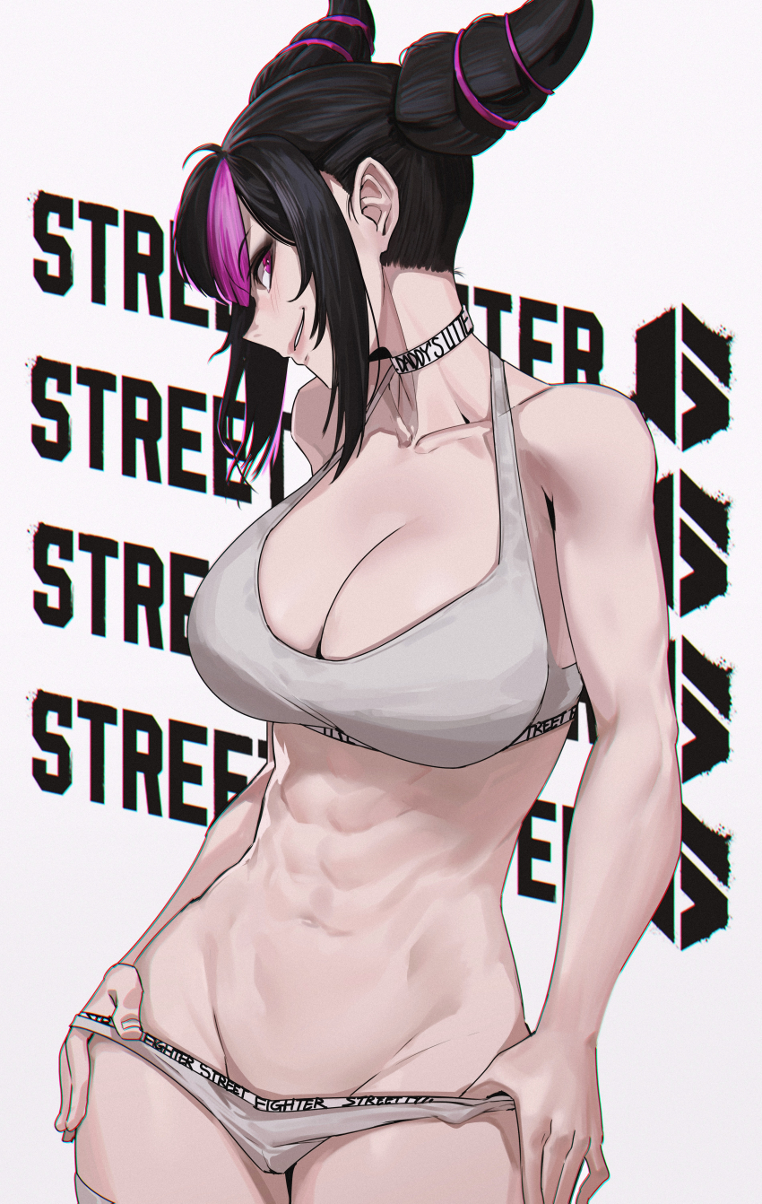 1girl abs absurdres black_hair bra breasts choker cleavage clothes_writing copyright_name double_bun english_text grey_bra grey_panties grin groin hair_bun han_juri head_tilt highres jin_rou large_breasts lips multicolored_hair navel panties panty_pull pink_hair purple_eyes smile solo stomach streaked_hair street_fighter two-tone_hair underwear underwear_only underwear_writing white_background white_choker