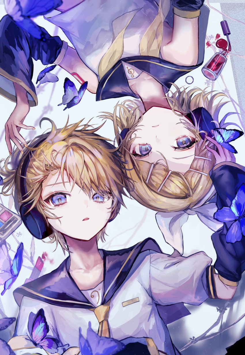 1boy 1girl absurdres bass_clef black_sailor_collar black_sleeves blonde_hair blue_butterfly blue_eyes bow breasts bug butterfly closed_mouth collarbone commentary_request cosmetics detached_sleeves flipped_hair from_above hair_bow hair_ornament hairclip hand_on_another&#039;s_head headphones heads_together highres insect kagamine_len kagamine_rin lipstick looking_at_viewer looking_up lying makeup makeup_palette messy_hair midriff_peek nail_polish nail_polish_bottle nail_polish_brush neckerchief necktie on_back parted_bangs parted_lips pipi_(pipinavigation) plant rotational_symmetry sailor_collar shirt short_hair short_sleeves shoulder_tattoo sleeveless sleeveless_shirt small_breasts tattoo thick_eyelashes treble_clef undone_neckerchief upper_body upside-down vines vocaloid white_bow white_shirt wide_sleeves yellow_nails yellow_neckerchief yellow_necktie