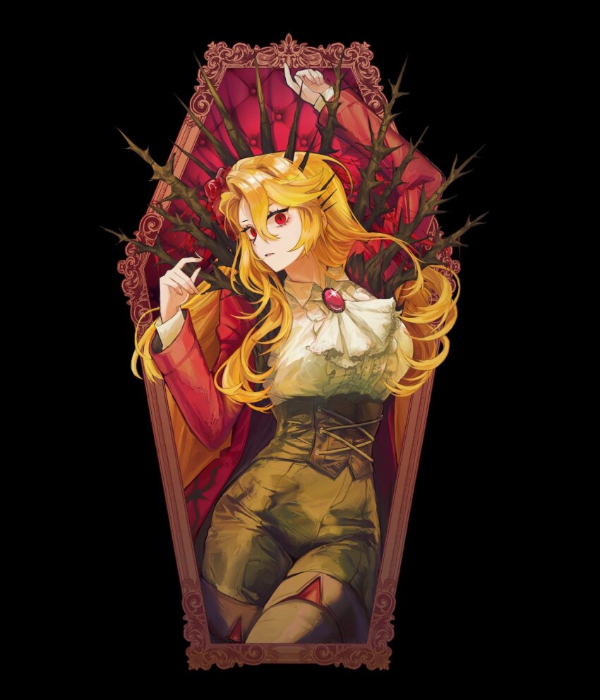 1girl ascot black_background black_corset black_crown blonde_hair boots brooch coat coffin collared_shirt corset cowboy_shot crown don_quixote_(project_moon) e.g.o_(project_moon) flower frilled_shirt frills hand_up highres jewelry korean_commentary limbus_company long_hair long_sleeves looking_at_viewer nyak_138 parted_lips project_moon red_coat red_eyes red_flower shirt slit_pupils solo thorns white_shirt yearning-mircalla_(e.g.o)