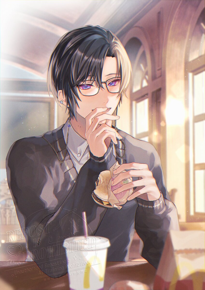 1boy :d artist_name bag black-framed_eyewear black_hair black_sweater blue_eyes blurry blurry_background burger chair chalkboard classroom collared_shirt cup disposable_cup drinking_straw ear_piercing eyewear_strap food glasses grey_shirt hair_between_eyes hands_up hashtag-only_commentary highres holding holding_food indoors kaburagi_(pnoir087) lens_flare light_particles long_sleeves looking_at_viewer lower_teeth_only male_focus mcdonald&#039;s mole mole_on_neck nijisanji official_alternate_costume open_mouth paper_bag parted_bangs piercing purple_eyes school_uniform shikinagi_akira shikinagi_akira_(school_uniform) shirt short_hair sleeves_past_wrists smile solo sweater table teeth twitter_username upper_body virtual_youtuber watermark window wing_collar