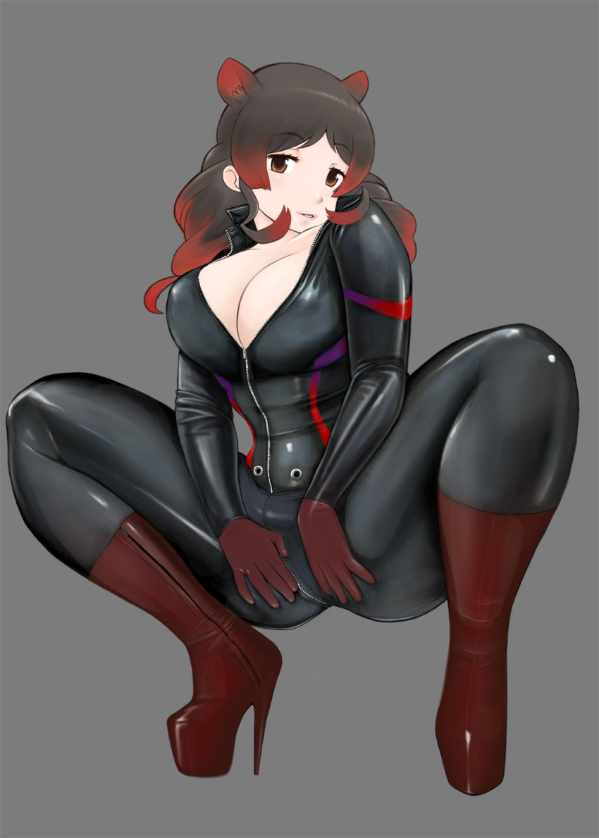 10s 1girl animal_ears black_hair black_pants black_shirt boots breasts facing_viewer female_focus full_body gradient_hair grey_background half-closed_eyes hands_on_own_thighs high_heel_boots high_heels highres hippopotamus_(kemono_friends) hippopotamus_ears kemono_friends komii large_breasts latex latex_suit leather leather_boots leather_pants lips long_hair looking_at_viewer multicolored_hair orange_eyes pants parted_bangs parted_lips platform_boots platform_footwear platform_heels popped_collar red_boots red_hair shirt simple_background solo squatting tareme two-tone_hair unzipped v-neck wavy_hair zipper
